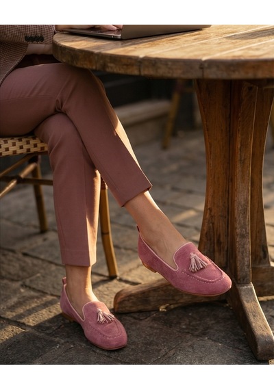 Futsishoes Mılet Pembe Süet Hakiki Deri Püsküllü Loafer Kadın Babet