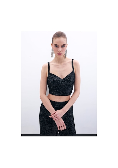 Sateen Kalın Askılı Payet Crop - Siyah-135338 Siyah