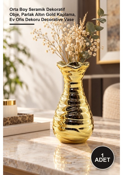 1 Adet Dalgalı Gövde Vazo Biblo Orta Boy Seramik Dekoratif Obje, Parlak Altın Gold Kaplama, Ev Ofis Dekoru Decorative Vase