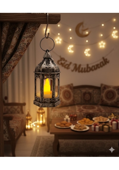 9 Cm Ramazan Ledli Eskitme Gümüş Fener - Pil Dahil Dekoratif Ramazan Feneri Diğer