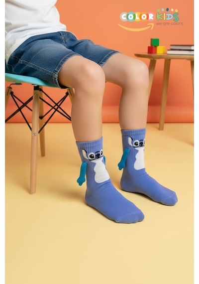 Color Socks 2 Çift Çocuk Stitch Desenli Mıknatıslı El Ele Tutuşan Topuksuz Çorap Çok Renkli