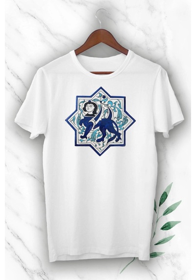 Tarzsokak Unisex Beyaz Anadolu Selçuklu Aslan Başlı İnsan Figürü Baskılı T-shirt