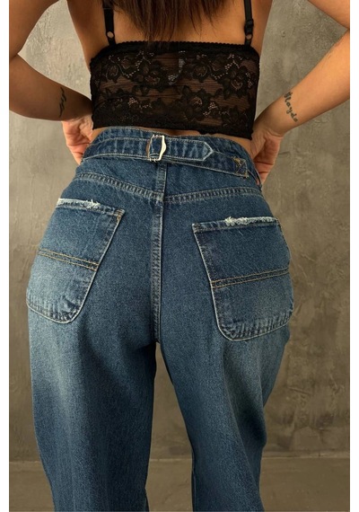 Premium Yıkamalı Kemerli Baggy Jeans Mavi