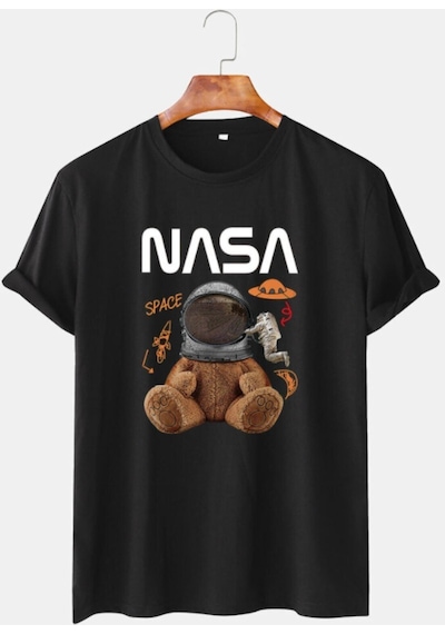 Flood Of Style Unisex Siyah Nasa Uzaylı Ayıcık Baskılı Bisiklet Yaka Oversize Tişört