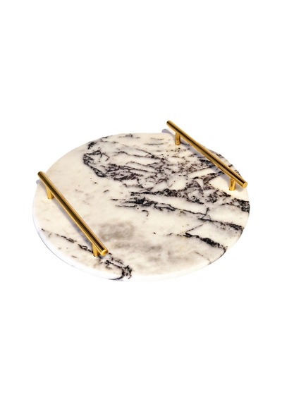 Lux & Marble Ring. Yuvarlak Beyaz Damarlı Mermer Pirinç Kulplu Te