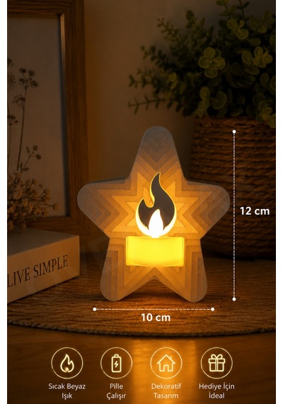 Dekoratif Yıldız Led Mumluk Pilli Gece Lambası Sıcak Beyaz Işık 12x10 Cm Led'li Yıldız - 895345099