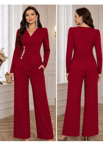 Butik İstanbul Kadın Uzun Kollu Kruvaze Yakalı Yan Tarafı Taşlı Ithal Krep Bluz Ve Pantolon Ikili Takım Kırmızı