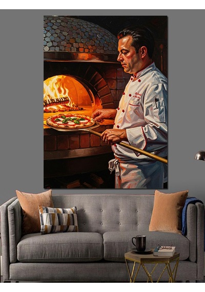 Taş Fırında Pizza Pişiren Usta Dekoratif Kanvas - Mdf Ahşap Tablo