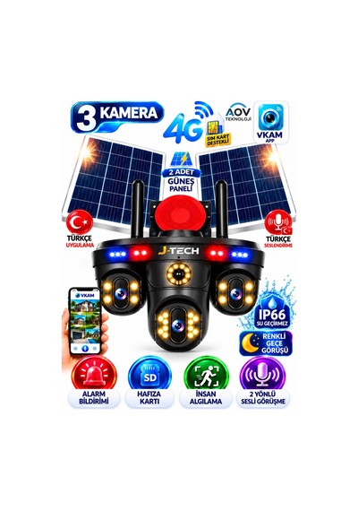 J-tech Solarmax-x3 4k 3 Kamera 4g Solar Sim Ptz Sesli Akıllı Takip Zoom Güvenlik Kamera 7/24 Koruma