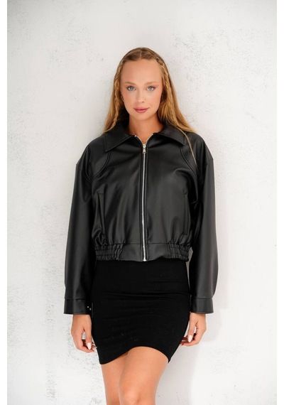 02lady Fashion Oversize Yeni Sezon Bomber Deri Ceket Siyah Siyah