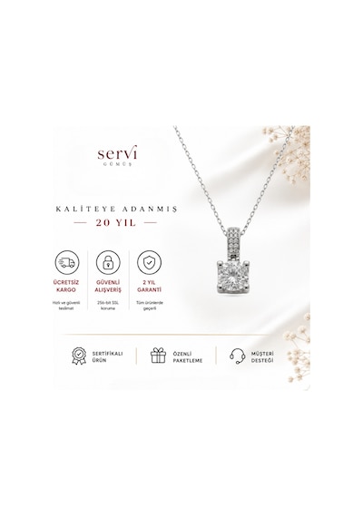 Servi 925 Ayar Gümüş Işıltılı Zirkon Taşlı Tektaş Kolye-376