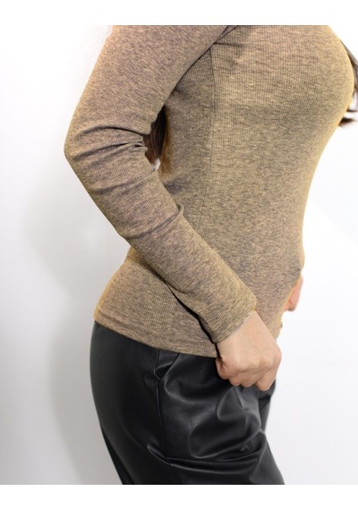 Alya Underwear Kaşkorse Yarım Boğaz Body Sweatshirt, Fitilli Kumaş, Likralı, Bordo Kahverengi Melanj