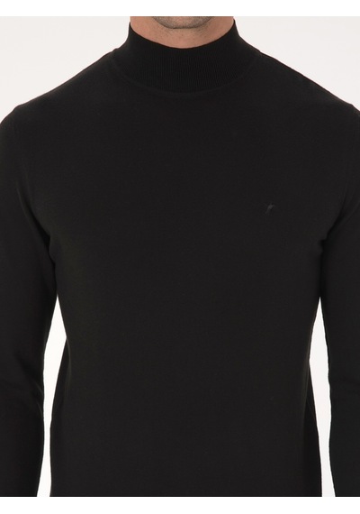 Cacharel Siyah Slim Fit Pamuk Karışımlı Yarım Balıkçı Yaka Basic Triko Kazak