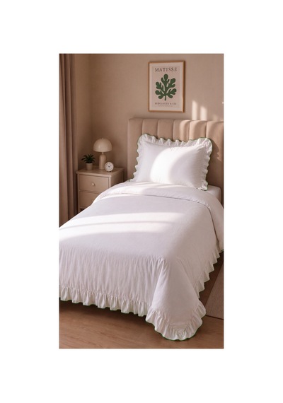 %100 Pamuk Overloklu Fırfırlı Tek Kişilik Nevresim Takımı Lastikli Çarşaflı 160x200 Cm Yeşil - 904799828 Yeşil