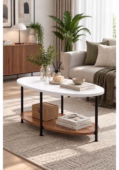 Oval Orta Sehpa 90 Cm İki Katlı Raflı Metal Ayaklı Modern Dekoratif Salon Sehpası Beyaz - Çam Oval Orta Sehpa 90 Cm İki Katlı Raflı Metal Ayaklı Modern Dekoratif Salon Sehpası Beyaz - Çam