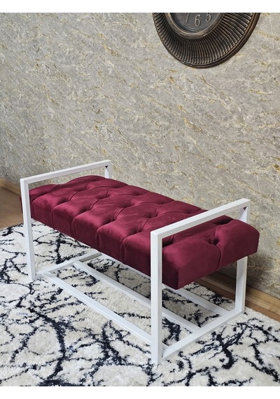 Zafir Beyaz Boyalı Metal 80 Cm Puf Bench - Antre Puf - Hol Bench - Puf - Oturak - Bench Bordo