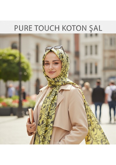 Vivid Floral Desen Pure Touch Koton Şal 75x185cm Hardal-gri