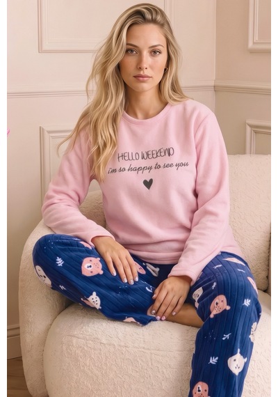 Siyah İnci Pembe Nakışlı Alt-üst Polar Kışlık Örme Pijama Takım 26222128