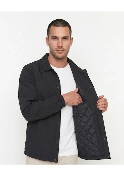 Efnaz Style Erkek Yağmur İtici İç Astarlı Çıtçıtlı İç Cepli Dış Cepli Mevsimlik Mont - Siyah
