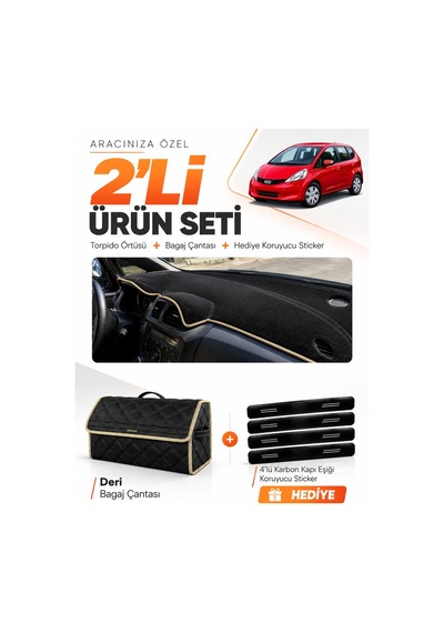 E-biz Honda Jazz 2009-2013 Uyumlu Torpido Örtüsü + Deri Bagaj Çantası Seti - Siyah-bej - Ho017