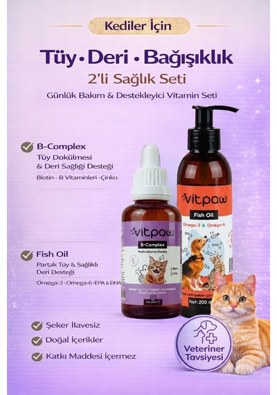 Kediler İçin Tüy & Deri Bakım Seti B+ Complex Damla + Balık Yağı Omega 3 & 6