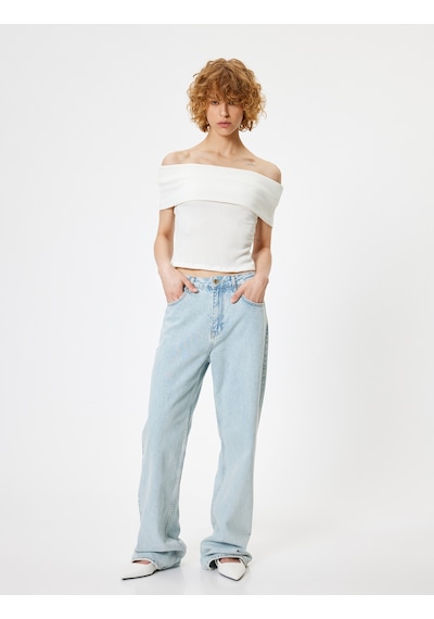 Koton Madonna Yaka Crop Bluz Kısa Kollu Bürümcük Dokulu Slim Fit Ekru 4sal60061ık Ekru