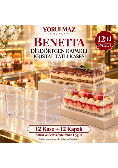 Benetta Dikdörtgen Kapaklı Kristal Tatlı Kasesi 12 Li Şeffaf Tiramisu, Magnolya Ve Puding Sunum Kabı
