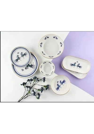 Pure Bone 27 Parça Yemek Takımı Beyaz - Mavi