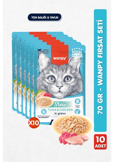 10lu Yetişkin Kedi Yaş Maması Ton Balıklı & Tavuklu Premium Kalite 10 X 70 Gr