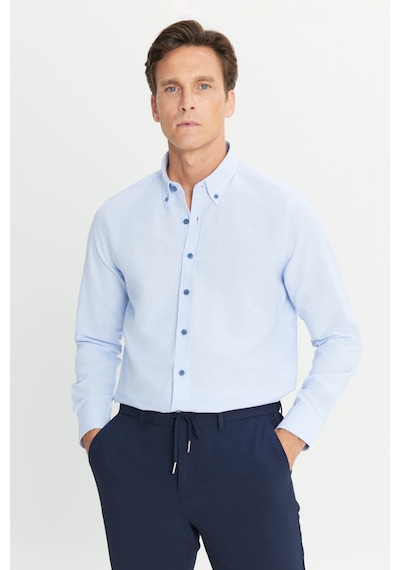 Erkek Acık Mavı Slim Fit Dar Kesim Düğmeli Yaka Pamuklu Gömlek Acık Mavı