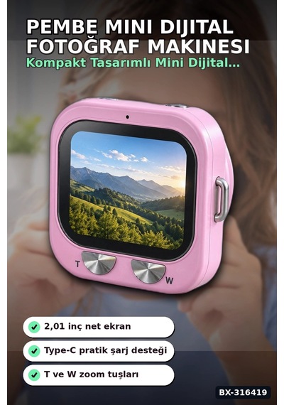 Mini Dijital Fotoğraf Makinesi 2.01 İnç Ekranlı Type C Şarjlı Pembe Kamera Bx-316419