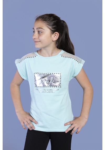Toontoy Kids Toontoy Kız Çocuk Omuzu Tül Detaylı Varak Baskılı Tişört Mint Yeşili