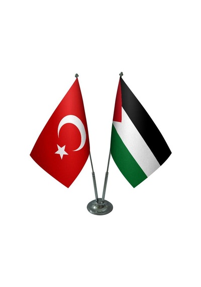 Masa Üstü Filistin Bayrağı Türk Bayrağı İkili Krom Direk Masa Bay