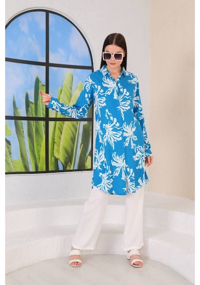 Polologin Butik Mavi Beyaz Çiçek Desenli Yazlık Rahat Kesim Viskon Tunik Mavi