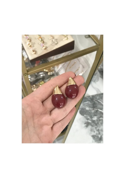 Gold Detaylı Trend Küpe Bordo