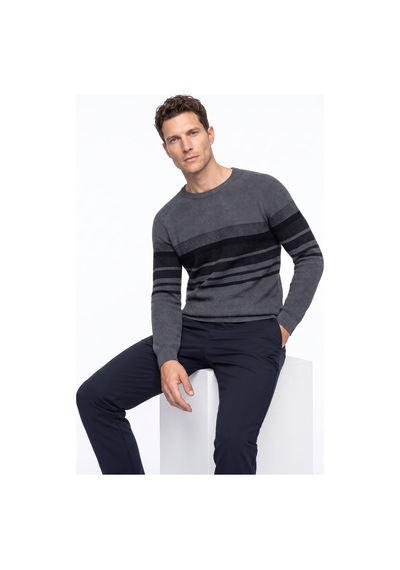 Fabrika F6wm-kzk 2039 Antrasit Melanj Erkek Bisiklet Yaka Çizgili Slim Fit Triko Kazak