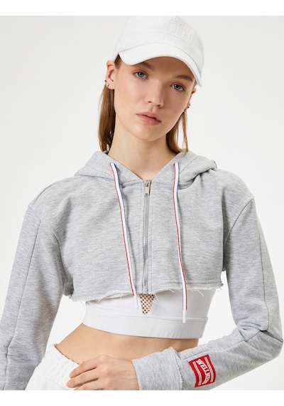 Koton Crop Spor Sweatshirt Kapüşonlu Fermuarlı Rahat Kesim Gri Melanj 4sak20019nk Gri Melanj