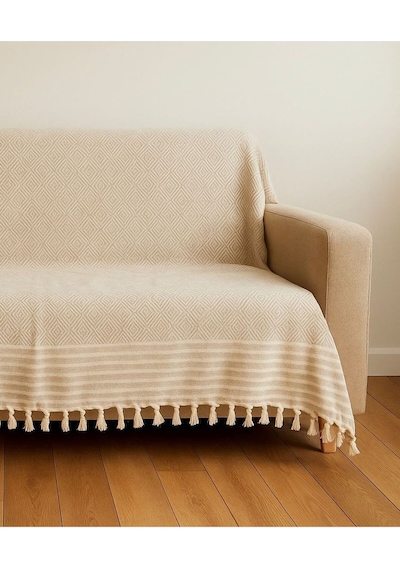 Reno Desen Dokuma %100 Pamuklu Çok Amaçlı Pike Koltuk Örtüsü 180x230 Bej