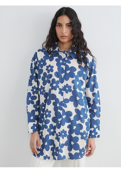 Lcw Modest Mavi Desenli Oversize Kadın Gömlek Tunik