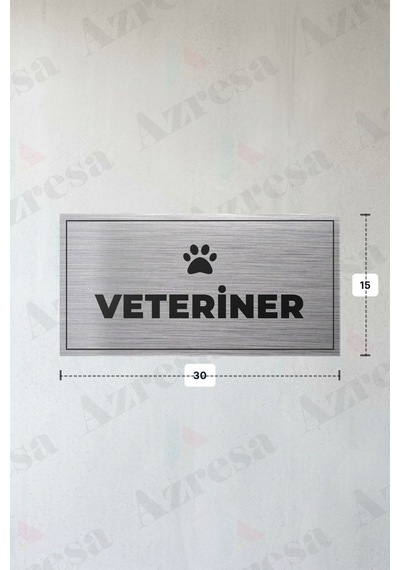 Veterıner Yazılı - Metal - Gümüş Renk - Kapı İsimliği - 30x15 Cm