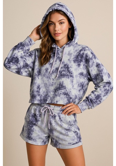 Rich Kadın Lila Kapüşonlu Sweatshirt-şortlu Alt Üst Takım Oversize Batik Desen İkili Takım Çok Renkli