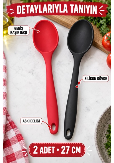 2'li Set Kırmızı Siyah Büyük Boy Silikon Kaşık 27 Cm Mutfak Yemek Pişirme Ve Servis Kaşığı 2 Adetlik