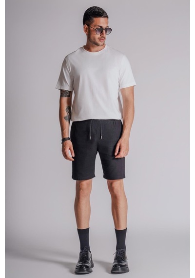 Braccas Erkek Yandan Cepli Beli Lastikli Keten Dokulu Relaxed Fit Jogger Şort Siyah Siyah