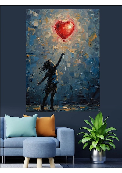 Kırmızı Balon Tutan Çocuk Dekoratif Kanvas - Mdf Ahşap Tablo