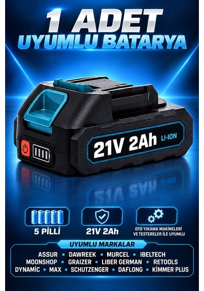 1 Adet 21v 2 Ah 5 Pilli Li-ion Uyumlu Batarya Oto Yıkama Makinesi Ve Testereler Makaslar İçin
