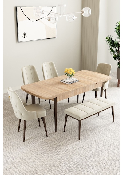 Clara Meşe Desen 80x132 Açılabilir Mdf Masa Yemek Odası Takımı,mutfak Takımı 4 Sandalye 1 Bench Krem Clara Meşe Desen 80x132 Açılabilir Mdf Masa Yemek Odası Takımı,mutfak Takımı 4 Sandalye 1 Bench Krem