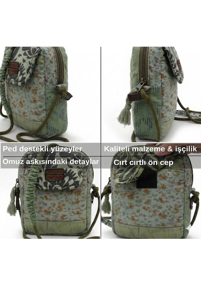 Cappadocia Vintage Kadın Çiçek Desenli Omuz Çantası - Bohem Tarz Mini El Ve Telefon Çantası Açık Haki