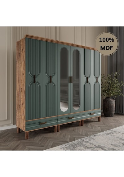 Zen 6 Kapak Ayaklı Tasarım Country Mdf Gardırop Yeşil