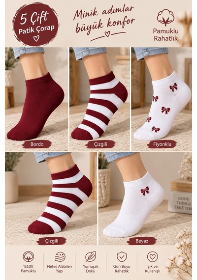 Hitit Socks Kadın 5 Çift Çizgi Ve Fiyonk Desenli Pamuklu Patik Çorap Bordo Beyaz Asorti Hitit Socks Kadın 5 Çift Çizgi Ve Fiyonk Desenli Pamuklu Patik Çorap Bordo Beyaz Asorti