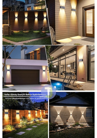 Technojet Solar Güneş Enerjili 6 Ledli Bahçe Aydınlatması Aplik Sarı Işık Led Lamba 2 Adet Siyah